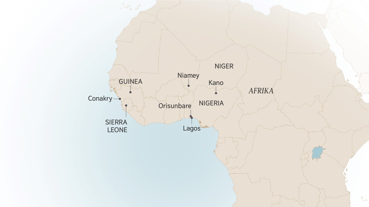 Péta Afrika Barat. Conakry ing Guinea; Kano, Lagos, lan Orisunbare ing Nigeria; Niamey ing Niger; lan Sierra Leone. Israel Itajobi tau manggon lan nglayani ing kono.
