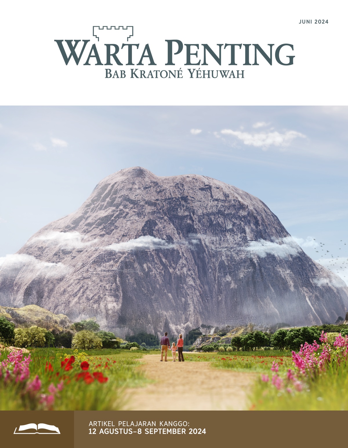 Wong tuwa karo anaké wédok sing isih cilik lagi ndeloki gunung watu ing ngarepé.