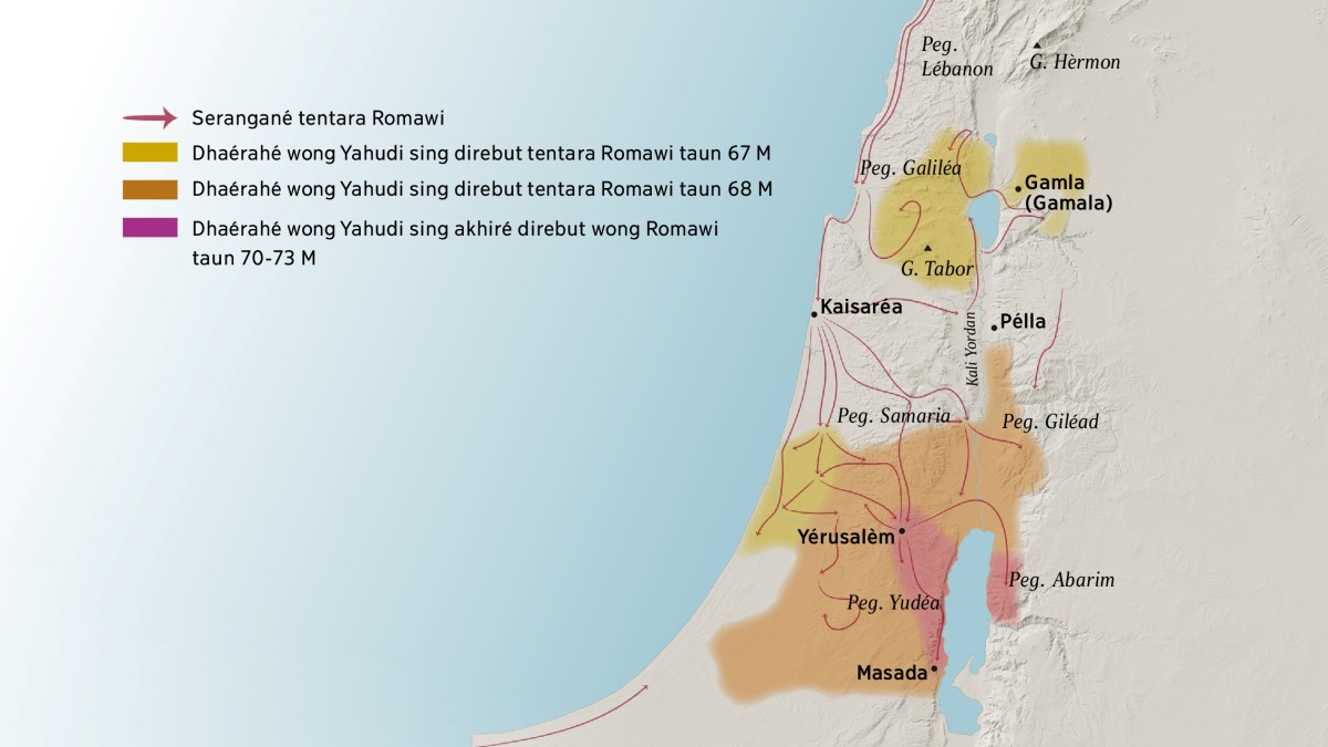 Péta sing isiné keterangan beberapa gunung lan kutha ing Israèl pas jamané wong Kristen mbiyèn. Ing sebelah loré Yérusalèm kuwi ana Pegunungan Lébanon, Galiléa, Samaria, lan Giléad, karo Gunung Hèrmon lan Gunung Tabor. Terus ya ana kutha Gamla, Kaisaréa, lan Pélla. Ing sebelah kidulé Yérusalèm kuwi ana Pegunungan Yudéa, Pegunungan Abarim, lan kutha Masada. Ing péta iki ya ana keterangan jalur serangané tentara Romawi lan dhaérahé wong Yahudi sing direbut tentara Romawi taun 67 M nganti 73 M.