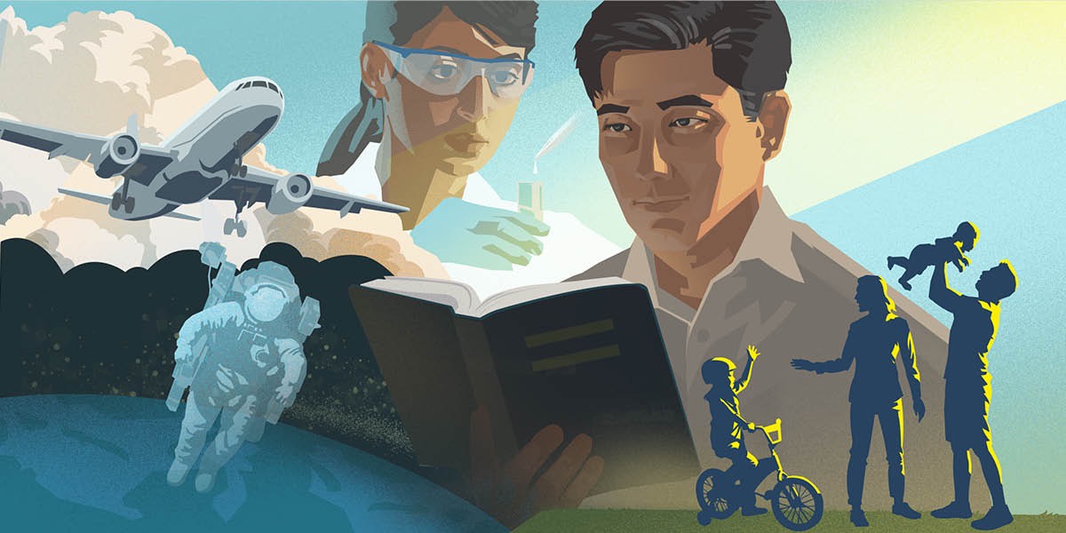 Astronot, pesawat jet, ilmuwan, keluarga, lan wong lanang maca Alkitab