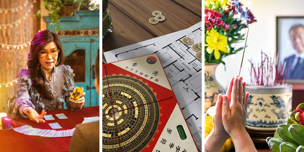 Gambar: 1. Peramal lagi ngramal nganggo kartu tarot. 2. Kompas feng shui karo dénah omah. 3. Wong nyembayangi leluhuré nganggo dupa, panganan, lan kembang.