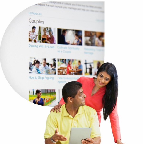 ცოლ-ქმარი ათვალიერებს განყოფილებას „წყვილები და მშობლები“ ვებ-გვერდზე jw.org