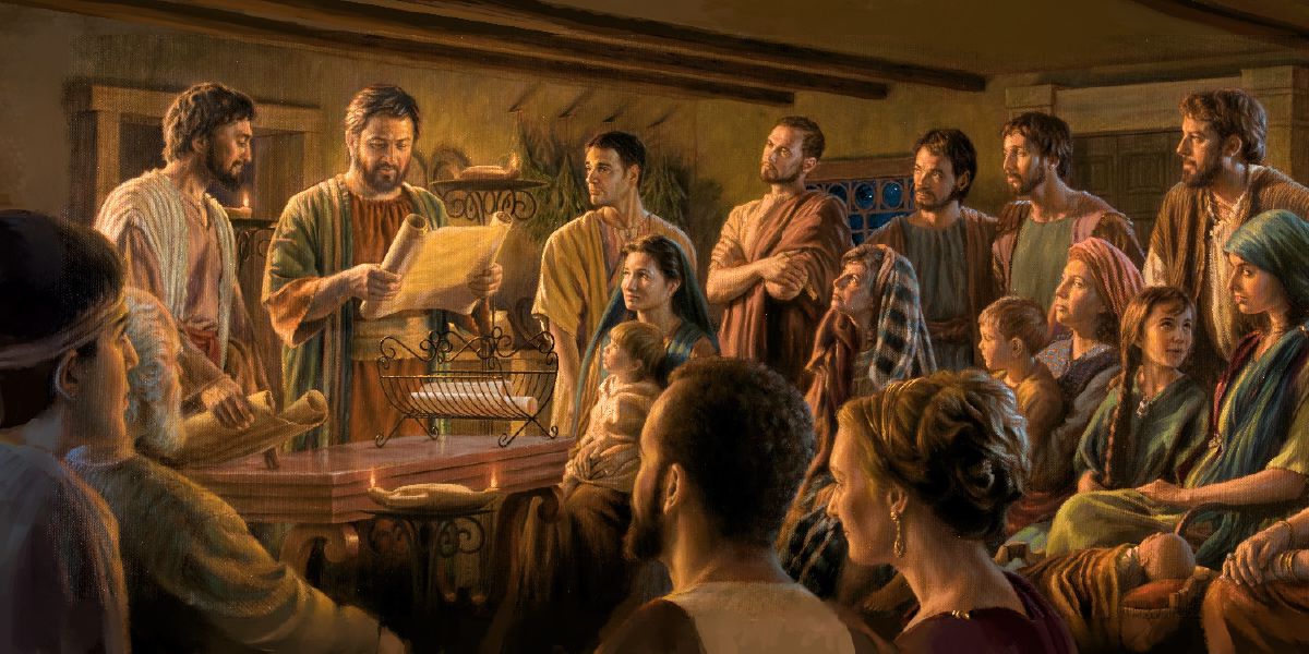 პირველი საუკუნის ქრისტიანულ კრებაზე ხელმძღვანელი საბჭოს გადაწყვეტილებას კითხულობენ