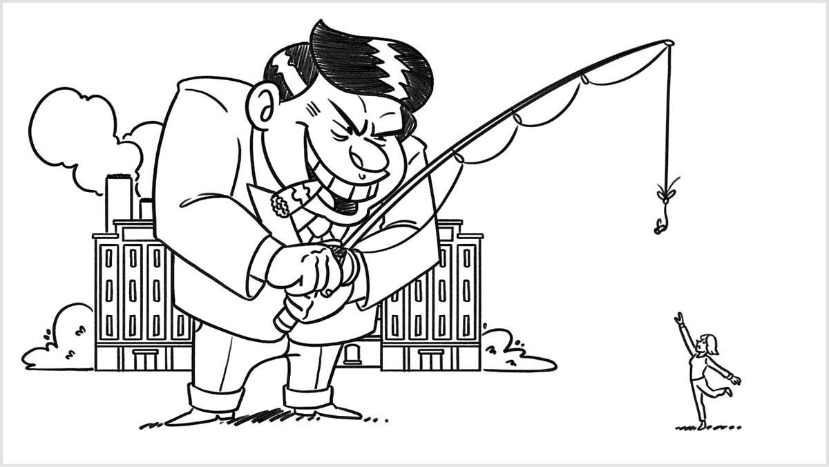 კადრი ვიდეოდან „სიცოცხლეს კვამლს ნუ გაატან!“. უზარმაზარი ბიზნესმენი ცდილობს, გოგონა ანკესზე წამოაგოს.