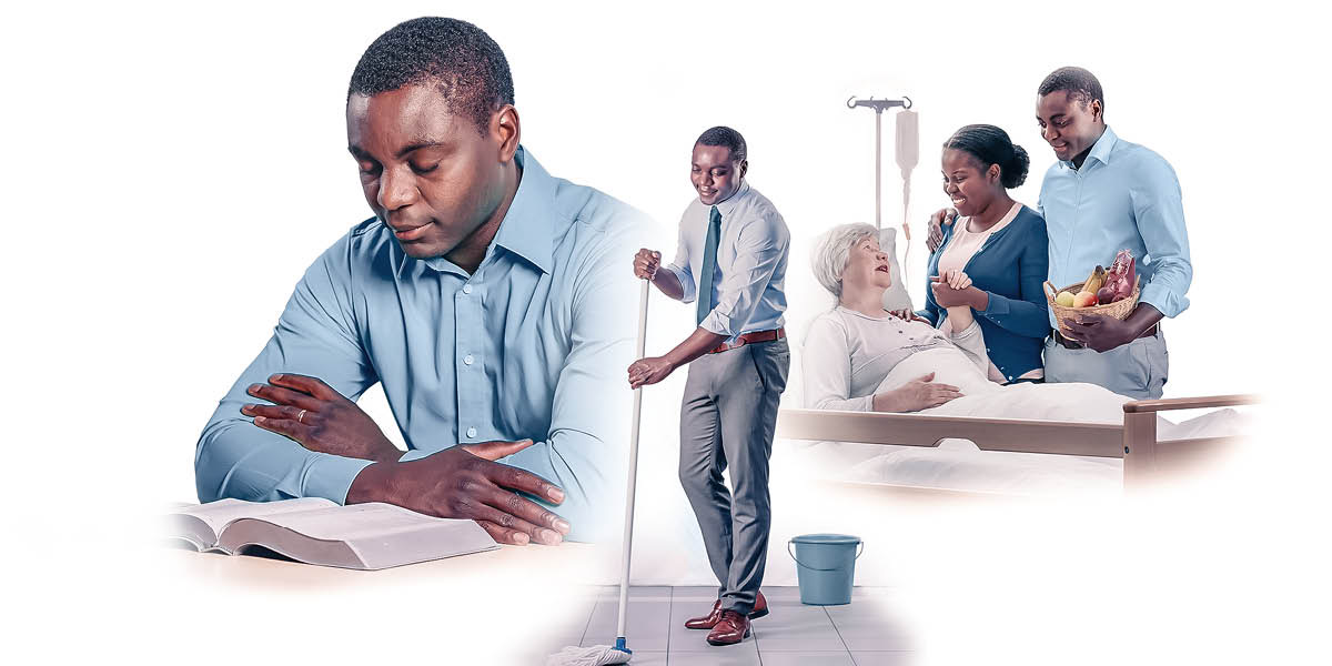 ფოტოკოლაჟი: 1) ძმა ბიბლიის წაკითხვამდე ლოცულობს. 2) ის დარბაზს ალაგებს. 3) იგი მეუღლესთან ერთად ხანდაზმულ დას საავადმყოფოში ინახულებს.