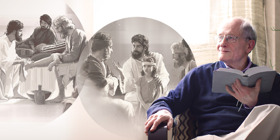 მოწიფული ქრისტიანი ძმა კითხულობს ბიბლიას და გონებაში წარმოისახავს ეპიზოდებს იესოს ცხოვრებიდან