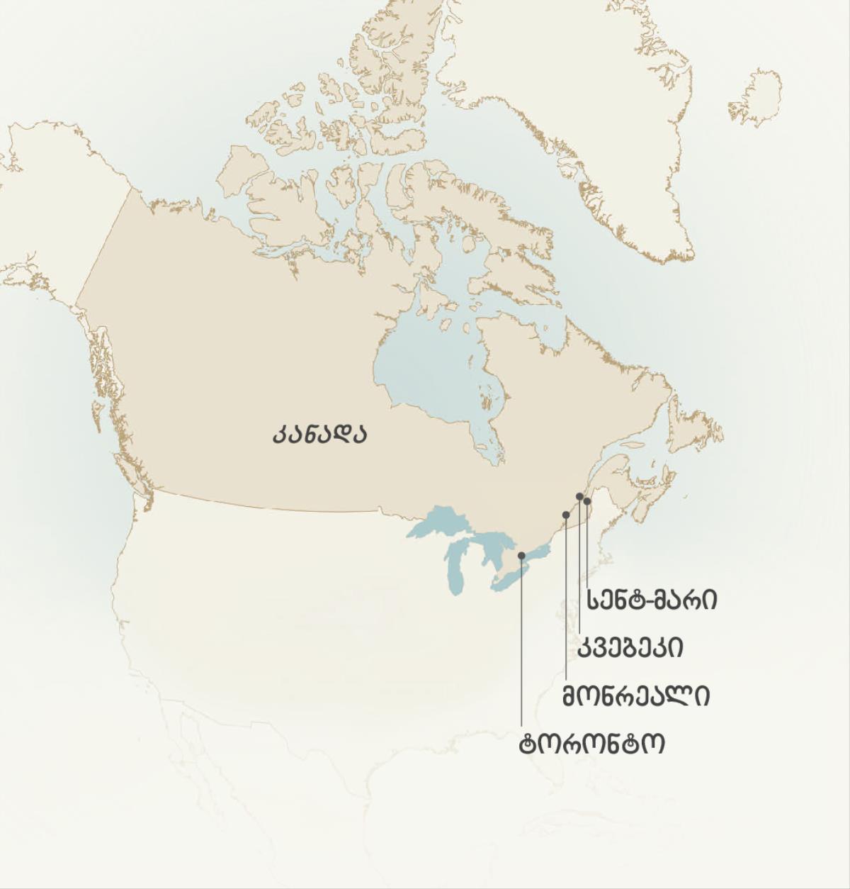 რუკაზე ნაჩვენებია კანადის ის ქალაქები, სადაც ლეონს კრეპოლი მსახურობდა: სენტ-მარი, კვებეკი, მონრეალი და ტორონტო