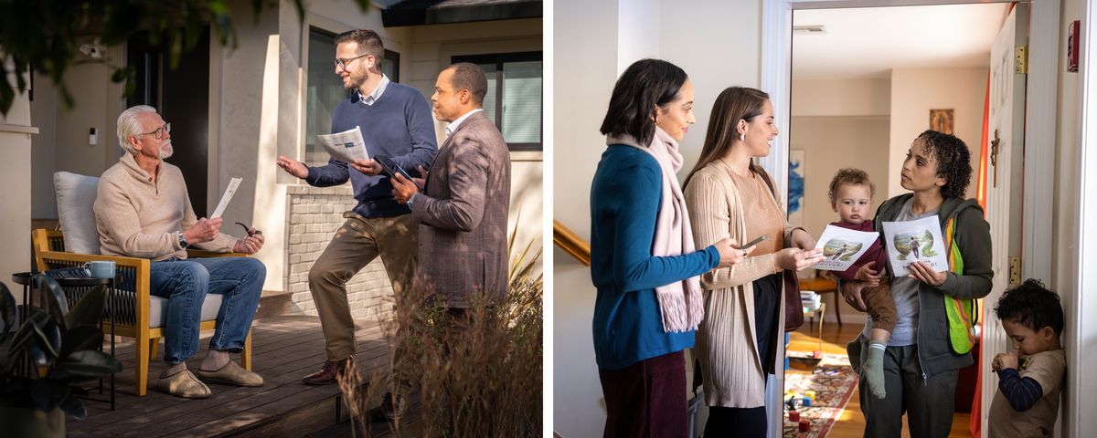 ფოტოკოლაჟი: 1) ორი ძმა ესაუბრება ასაკოვან კაცს, რომელიც სახლის აივანზე ზის; 2) ორი და კართან მდგომ ახალგაზრდა დედას უჩვენებს ბროშურას „იხარეთ ცხოვრებით მარადიულად!“. მას ხელში პატარა ბიჭუნა უჭირავს, მეორეც იქვე ახლოს დგას.