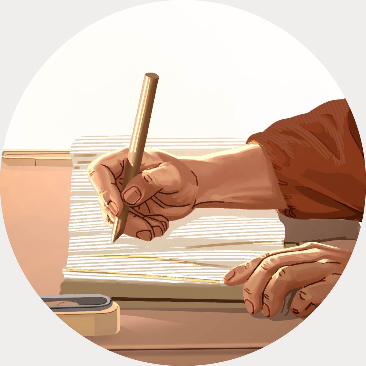 მოციქული მათე გრაგნილზე წერს.