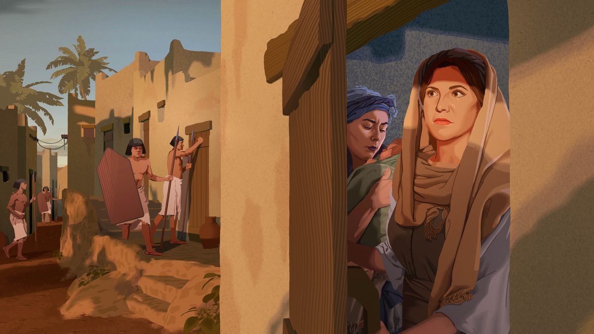 ორი ბებიაქალი ახალშობილ ბიჭს მალავს. ერთი ბებიაქალი ფრთხილად იყურება იმ დროს, როცა ეგვიპტელი ჯარისკაცები ახალშობილი ბიჭების მოსაძებნად კარებზე აკაკუნებენ.