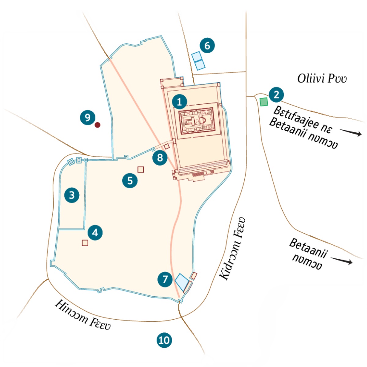 Anjaʋ ŋgʋ kɩwɩlɩɣ Yeruzalɛm nɛ lona wena acɔ-kʋ nɛ ata yɔ. Pama lona wena pɩtʋʋ fɛyɩ a-yɔɔ yɔ nɛ lona wena papɩtɩɣ a-yɔɔ yɔ a-hɩla. 1. Templo. 2. Jɛtɩsemaanee kaɖaɣ. 3. Egeetiye ñʋʋdʋ ɖɩɣa. 4. Kayifu ɖɩɣa. 5. Ðɩɣa ŋga ka-taa Eroodi Antipaasɩ cakaɣ yɔ. 6. Bɛtɩzataa lɩŋgamʋʋ. 7. Siloowaam lɩŋgamʋʋ. 8. Sahedrɛɛ ɖigbeɣliye. 9. Goligota. 10. Akɛlɩdamaa.