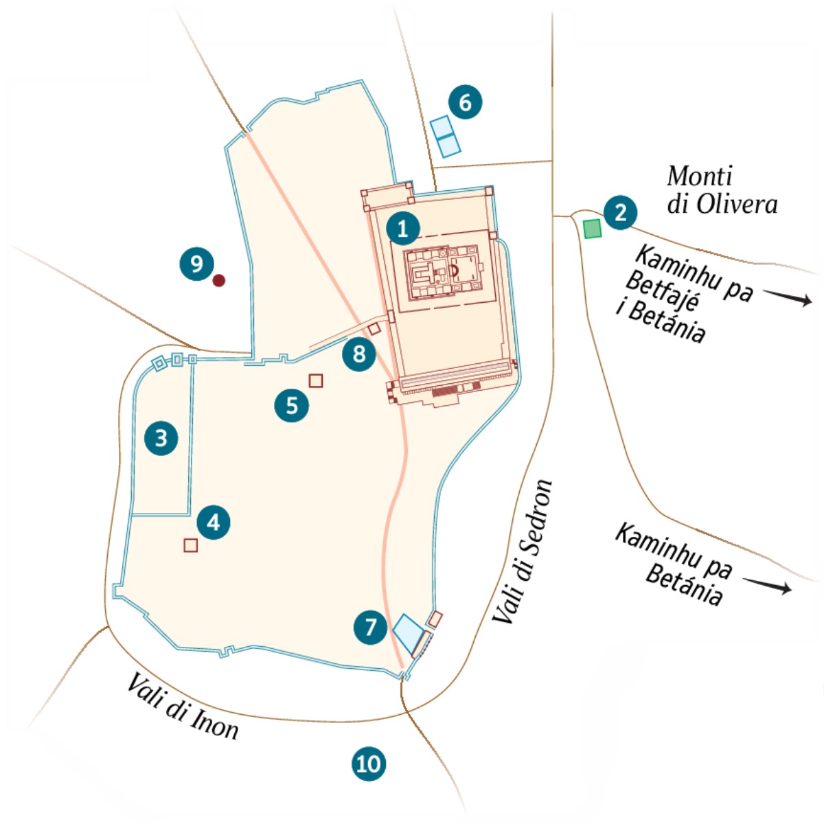 Un mapa di Jiruzalen i kes lugar pértu di el. Lista di alguns lugar ki sabedu undi es fikaba i di otus ki é ka sértu. 1. Ténplu. 2. Jardin di Jetsemani. 3. Palásiu di Governador. 4. Kaza di Kaifás. 5. Palásiu ki Eródis Antipas uza. 6. Tanki di Betzata. 7. Tanki di Siloé. 8. Sinédriu. 9. Gólguta. 10. Aseldama.