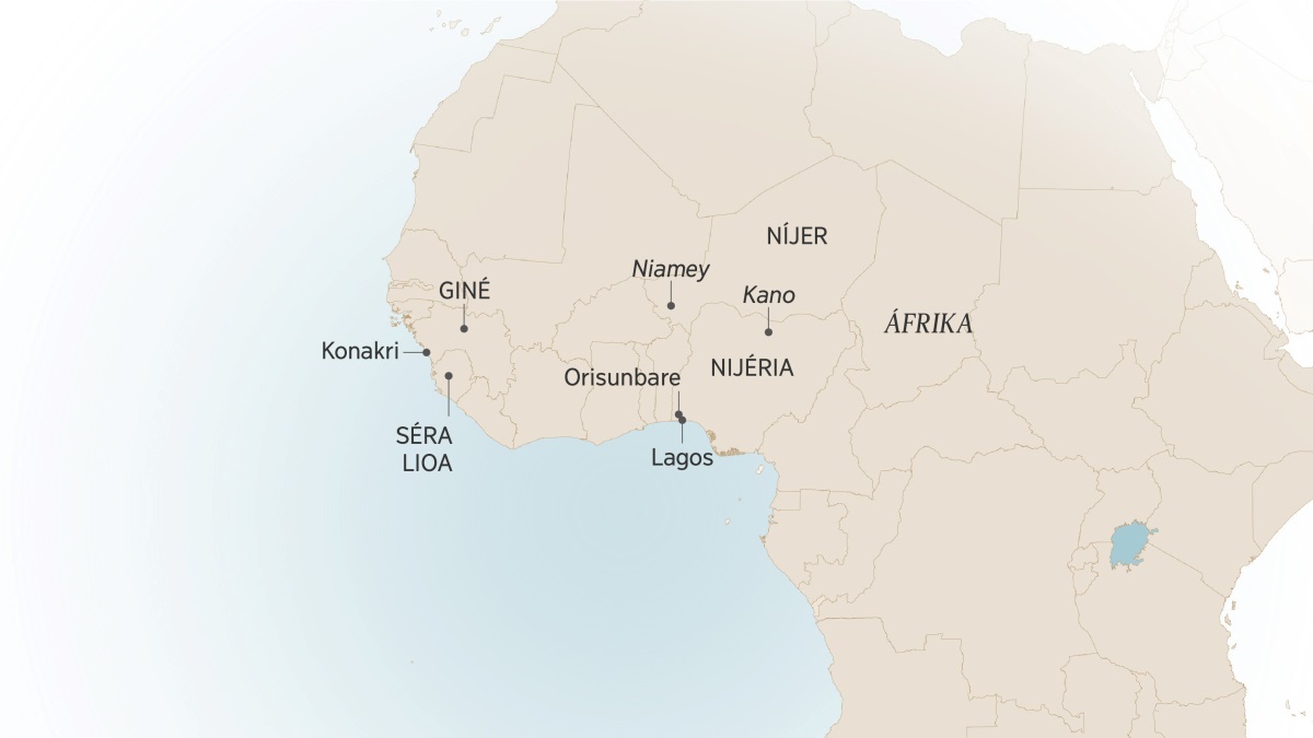 Un mapa di Áfrika Osidental, sta mostra alguns di kes lugar undi Israel Itajobi mora i sirbi: Konakri, Giné, Sera lioa, Niamey, Níjer; Kano, Orisunbare, Lagos i Nijéria.