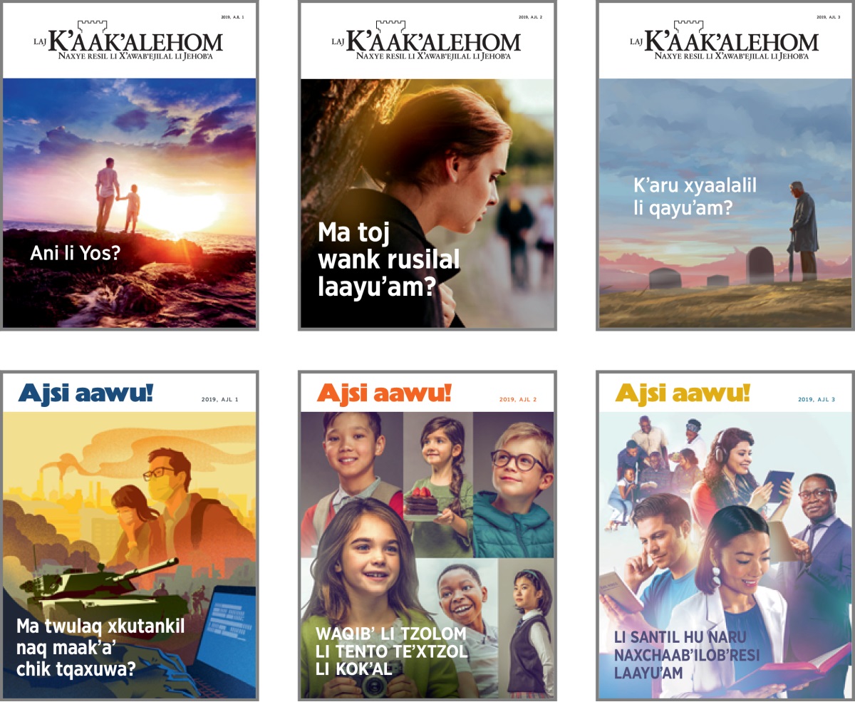 Ebʼ li jalam u chirix li xjolomil li naʼlebʼ li hu Laj Kʼaakʼalehom ut Ajsi aawu! 2019: 1. Ani li Yos? 2. Ma toj wank rusilal laayuʼam? 3. Kʼaru xyaalalil li qayuʼam? 4. Ma twulaq xkutankil naq maakʼaʼ chik tqaxuwa? 5. Waqibʼ li tzolom li tento teʼxtzol li kokʼal. 6. Li Santil Hu naru naxchaabʼilobʼresi laayuʼam.