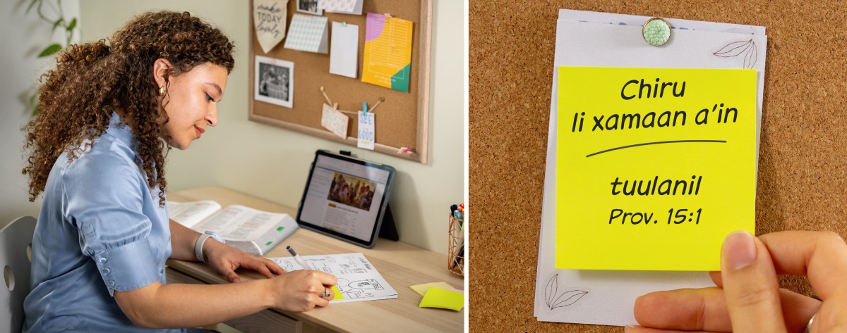 Ebʼ li jalam u: 1. Jun li hermaan naxtzʼiibʼa jun li hu naq yook chi tzolok saʼ junesal. 2. Naxkʼe li hu aʼin bʼarwiʼ naru rilbʼal. Li hu naxye: «Chiru li xamaan aʼin, tuulanil, Proverbios 15:⁠1».