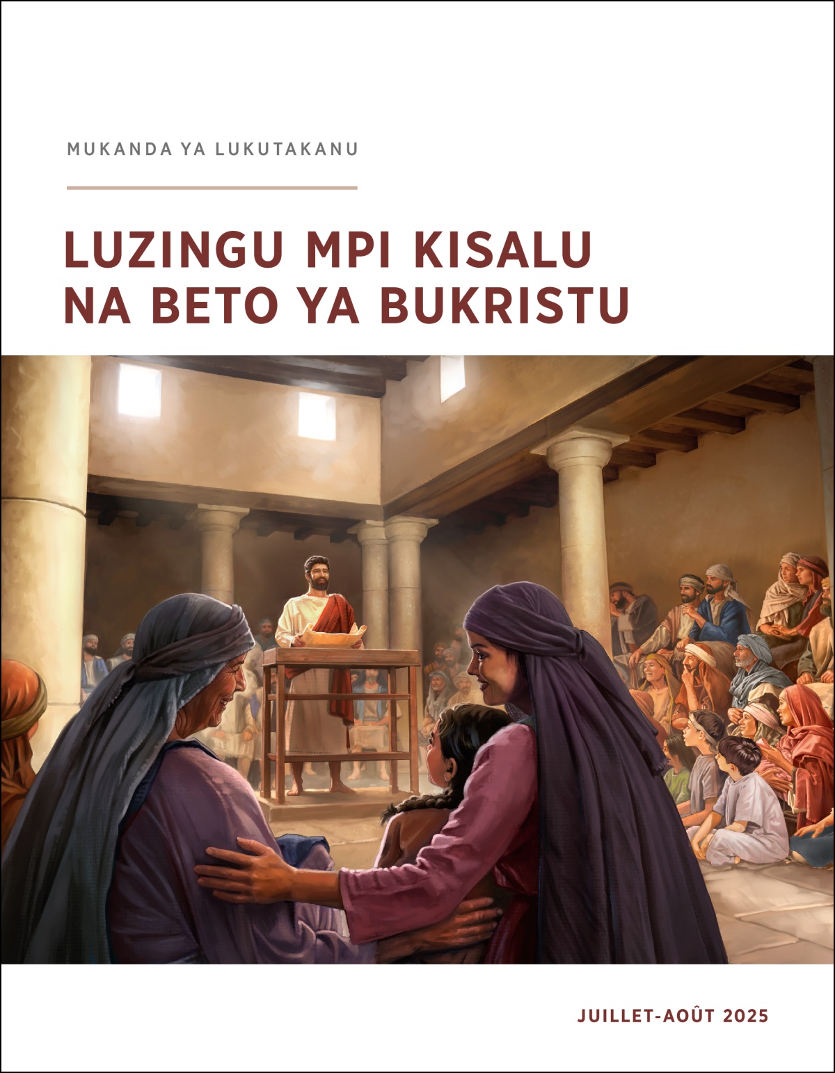 Yezu ke longa na sinagoga mpi yandi me simba rulo ya kukangula na maboko. Babakala, bankento mpi bana ke landa na dikebi mpenza.