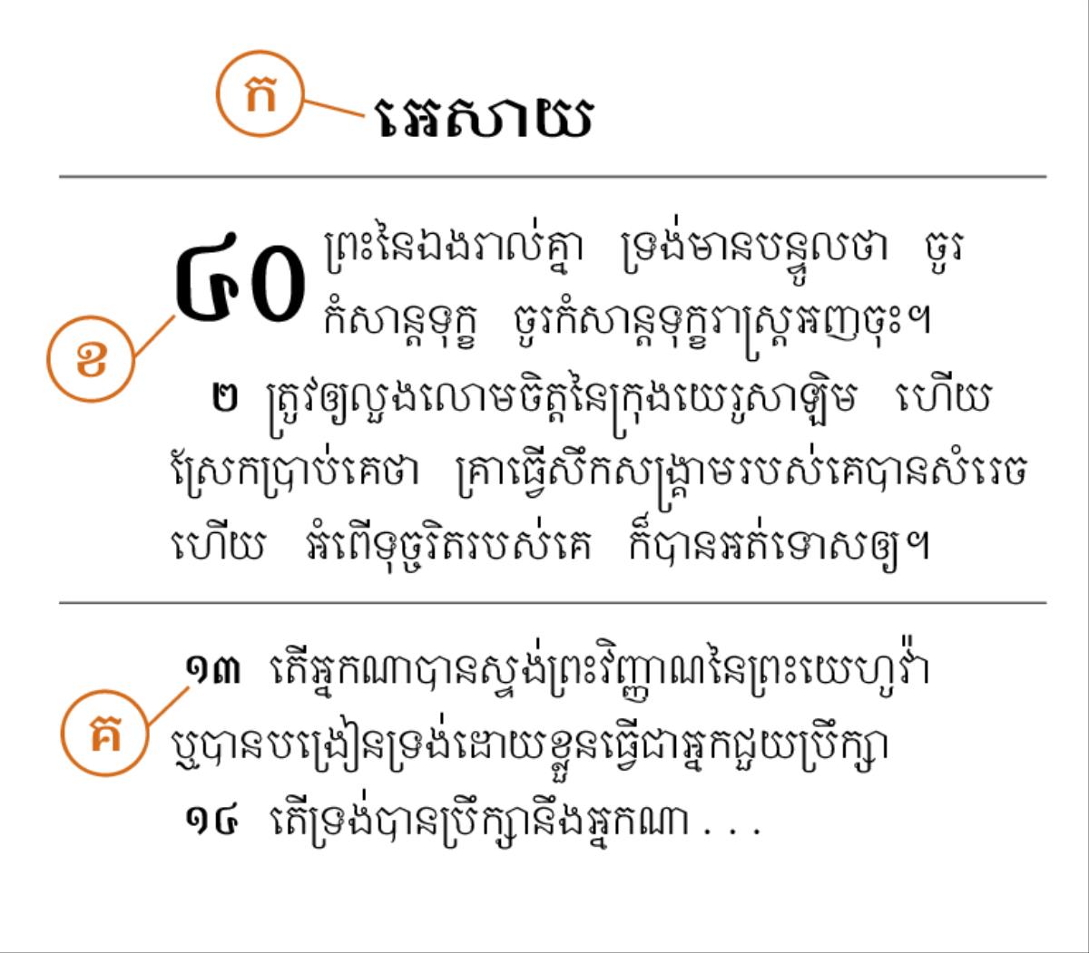 បទគម្ពីរបានត្រូវលើកឡើងដើម្បីបង្ហាញអំពីរបៀបសម្គាល់ (ក) ឈ្មោះគម្ពីរ (ខ) ជំពូក និង(គ) ខ