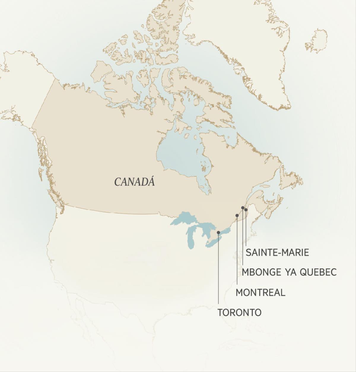 Mapa ya mulondekesa o jimbanza ku ixi ya Canadá mwa sidivila phange Léonce Crépeault: Sainte-Marie, Mbanza ya Quebec, Montreal, ni Toronto.