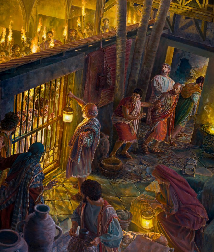 Paulus und Silas suchen in einem Innenhof Schutz vor einem wütenden Mob. Ein Mann spricht durch ein Eisentor hindurch mit der aufgebrachten Menge.