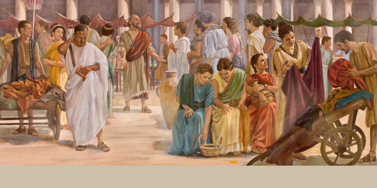 Paulus predigt auf dem Markplatz in Ephesus einer Gruppe Menschen, während andere ihren Geschäften nachgehen.
