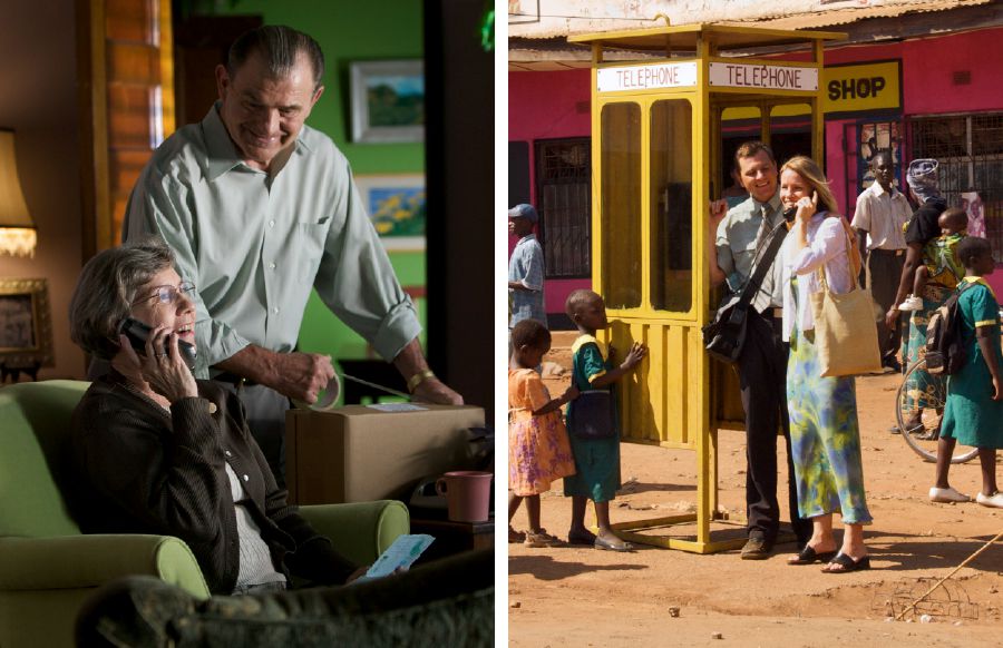 Collage: Eltern und ein Missionarehepaar: 1. Die Eltern sprechen am Telefon und freuen sich. 2. Das Missionarehepaar telefoniert im Ausland in einer Telefonzelle und freut sich über den Anruf.