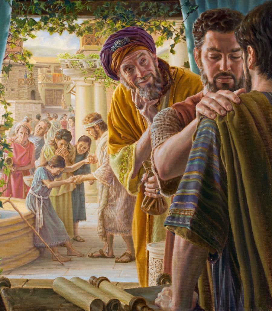 Der ehemalige Magier Simon nähert sich mit einem Geldbeutel in der Hand einem Apostel. Der Apostel legt einem Christen gerade die Hände auf, indem er seine Hand auf dessen Schulter legt. Im Hintergrund beobachten einige, wie ein anderer Christ ein gelähmtes Mädchen heilt, und freuen sich.