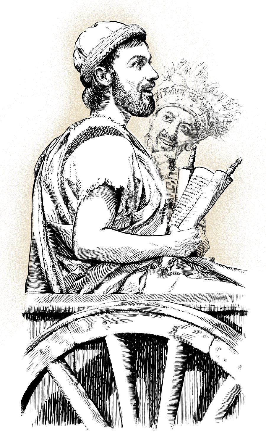 Philippus sitzt mit dem äthiopischen Eunuchen in einem Wagen.