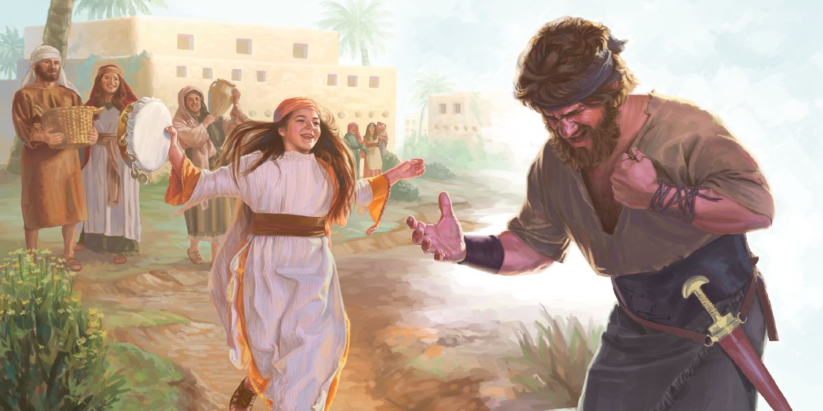 Gava keça Yeftah ji bo bixêrhatina wî derdikeve pêşiya wî, Yeftah kincên xwe diçirîne