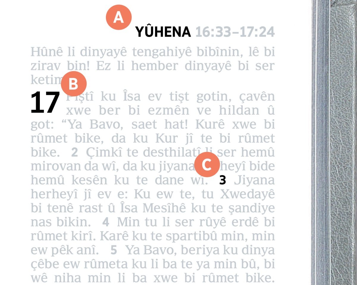 Herfên A, B û C xisûsiyetên rûpeleke Kitêba Pîroz nîşan didin.