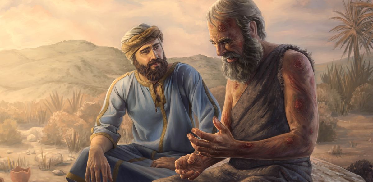 Elîhû bi dilgermî guh dide Eyûb. Bedena Eyûb bi birînan tije ye.