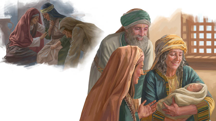 Resim: 1. Naomî seba mirina du kurên xwe xemgîn e, û Rût û Orpa jî xemgîn in. 2. Naomî Ovêd hembêz dike û Rût û Boaz şa ne.