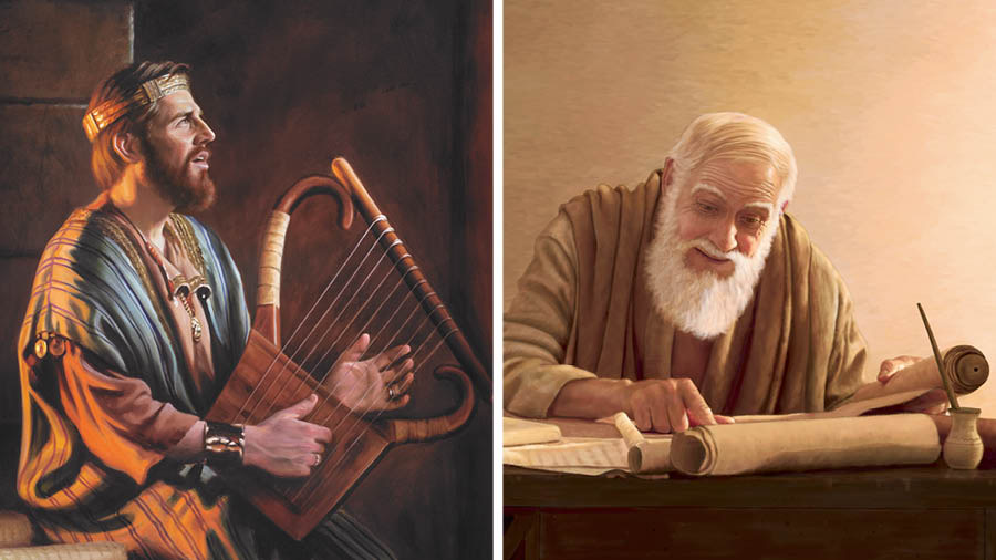 Resim: 1. Dawid Padîşah stranan dibêje. 2. Danîêl pêxember tomarekê dixwîne.