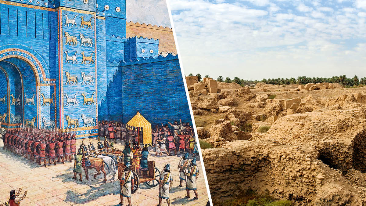 Kolaj: 1. Dergehê Babîla kevn. Li derveyî sûrê bilind merasîmeke leşkerî derbas dibe, û serleşker li ser erebeya hespan sekinî ne. 2. Xirbeyên Babîla îro wisa xuya dikin.