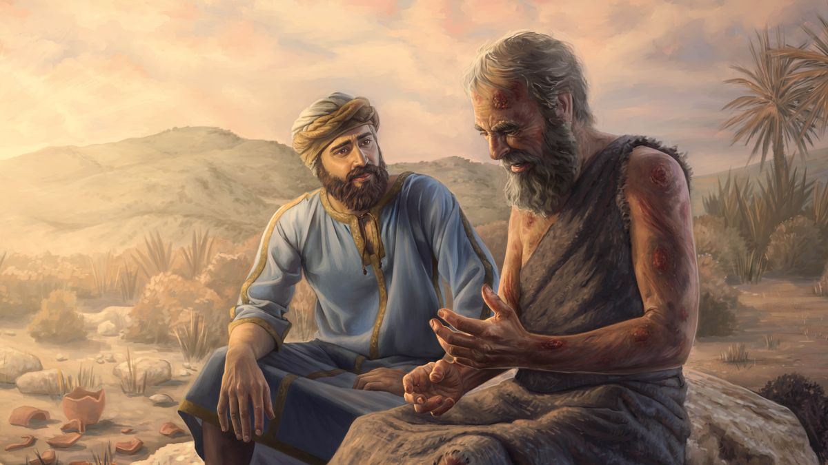 Elîhû bi dilşewatî guh dide Eyûb, ê ku çermê wî tiştî birînan e.