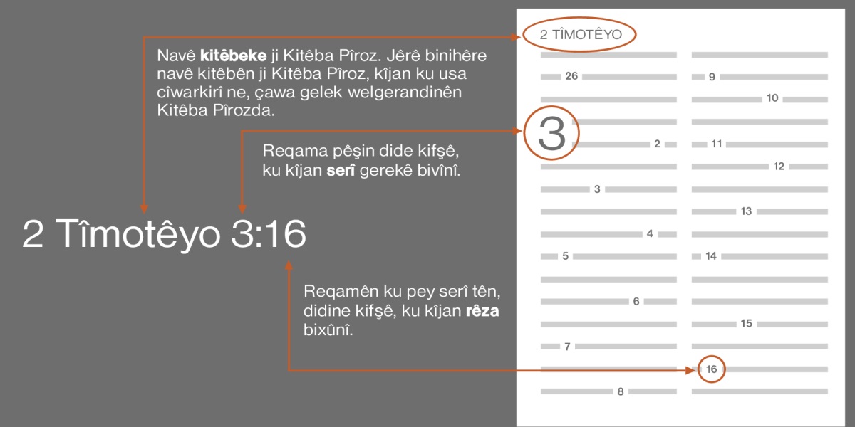 Ser hîmê mesela derheqa 2 Tîmotêyo 3:16, bivînin rêzên Kitêba Pîroz. Ev yek dide kifşê, wekî kîjan kitêbê bivînî, mesele kitêba 2 Tîmotêyo (dîna xwe bide rêza kitêbên Kitêba Pîroz, ku çi cûreyî pey hev tên). Reqama pêşiyê serî dide kifşê, mesele serê 3. Lê reqema pey wê, rêzê dide kifşê, mesele rêza 16.