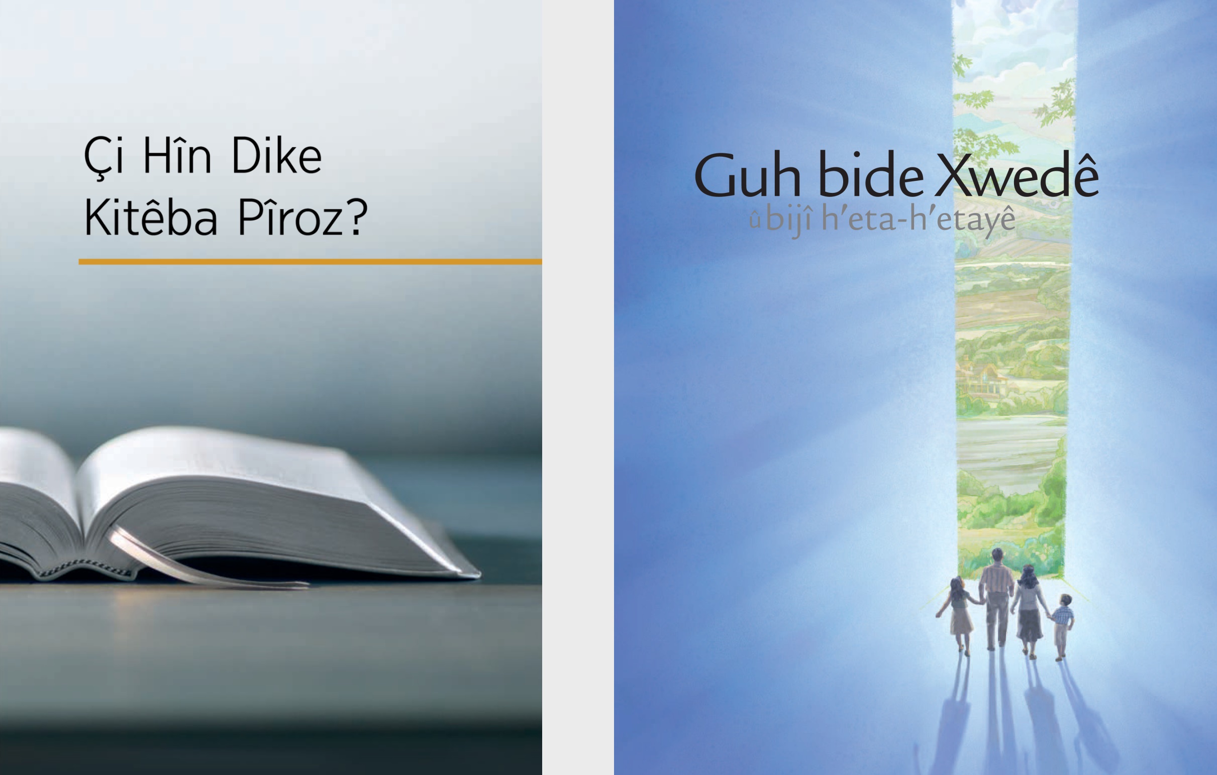 Kitêba “Çi Hîn Dike Kitêba Pîroz?” û broşûra “Guh Bide Xwedê û Bijî Heta-Hetayê”.