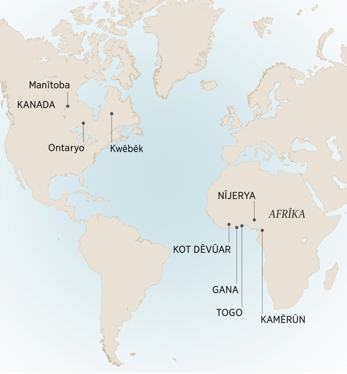 Hine ciyên ku Andrê dijît û xizmet dikir, ser xerîtê têne kifşê: Manîtoba, Ontaryo û Kwêbêk (Kanada); Kamêrûn, Kot Dêvûar, Gana, Nîjerya û Togo (Afrîka).