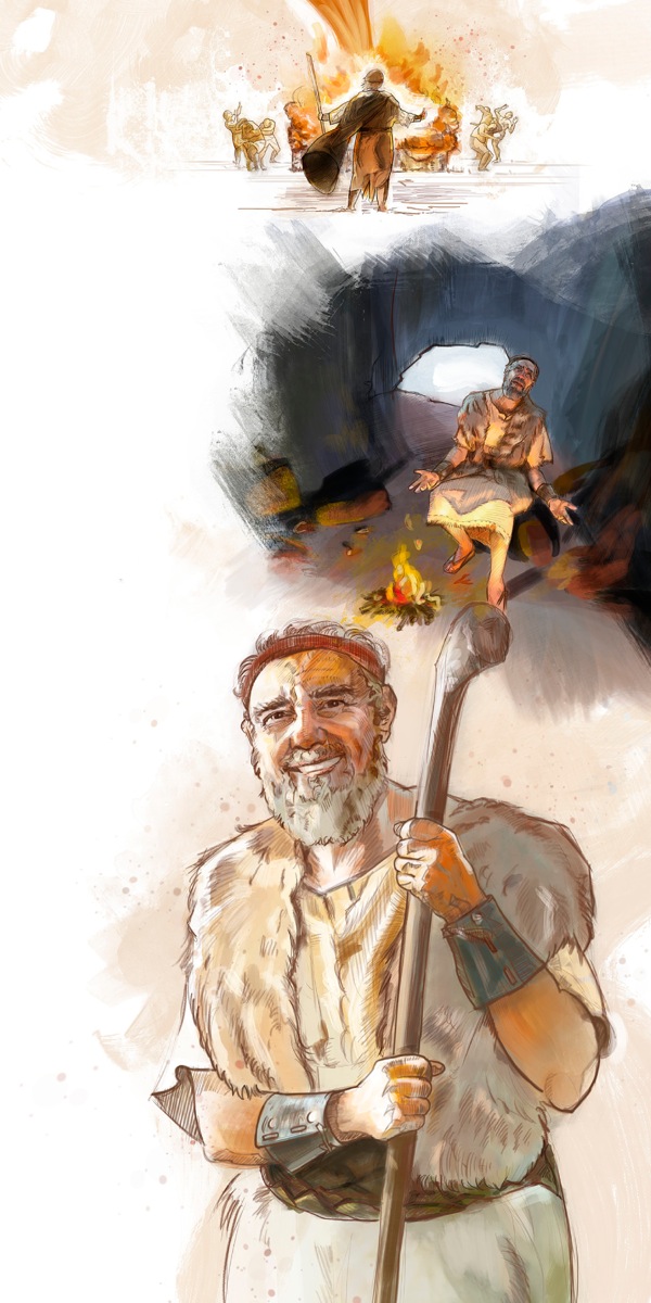 Yehowa caba duayê Êlyas dide bi wê yekê, ku agir ji ezmên dişîne; Êlyas şkeftêda ne; Êlyas xwe baş texmîn dike, gava giliyên Yehowayî hêlanî dibihê