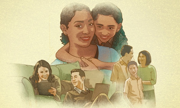 행복한 가족의 모습: 어머니와 딸, 부부, 아들을 둔 부모