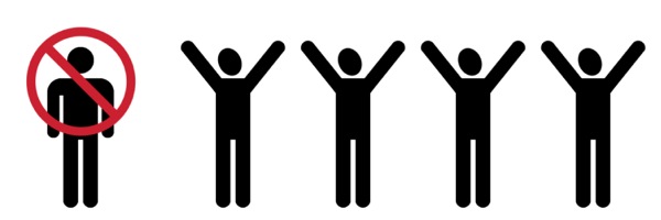 5명 중 1명에는 줄이 그어져 있고, 4명은 손을 들고 있는 그림