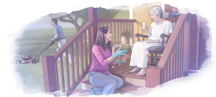 한 연로한 여자가 현관에 앉아 있고 젊은 사람들이 정원을 관리해 주는 모습