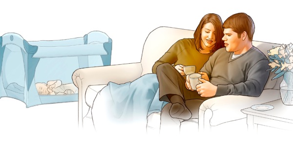 아기가 자고 있는 동안 남편과 아내가 함께 시간을 보내는 장면