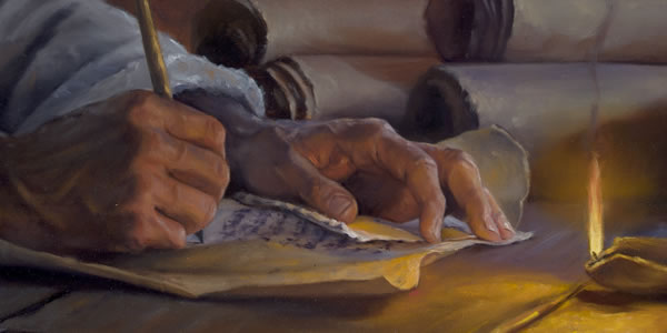 두루마리에 기록하고 있는 모습