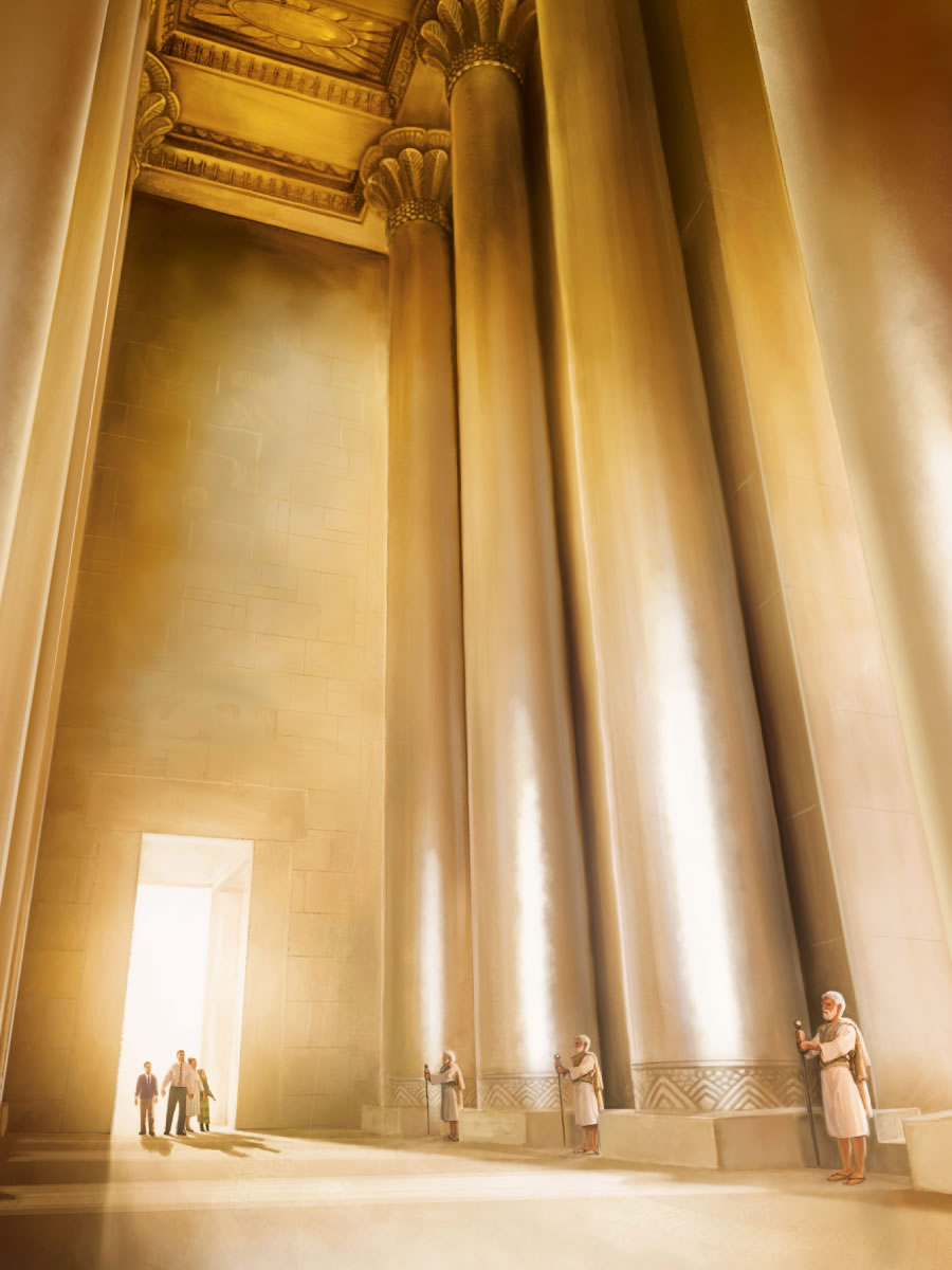 사람들이 여호와의 웅장한 영적 성전의 뜰 안을 보고 있으며, 입구 안의 통로에는 경비들이 서 있다