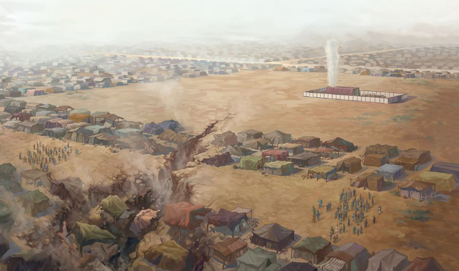 땅이 갈라져 다단과 아비람과 그 가족들을 삼키는 모습