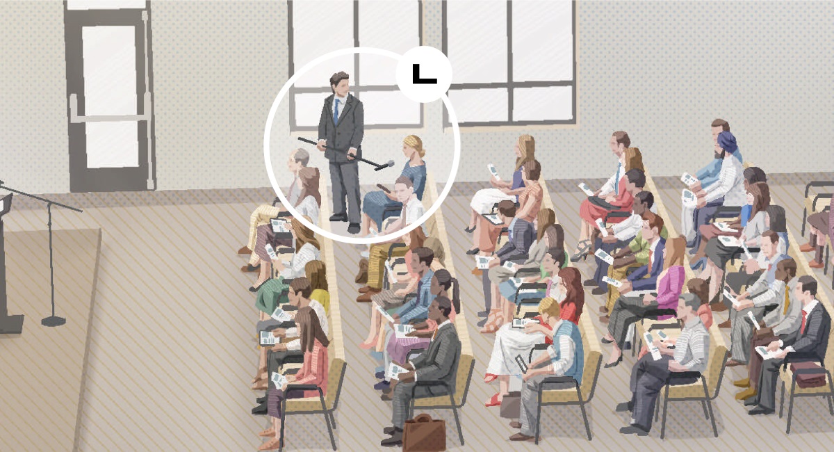 ㄴ. 한 증인 여자가 집회의 문답식 프로그램 중에 청중석에서 발표를 하는 모습.