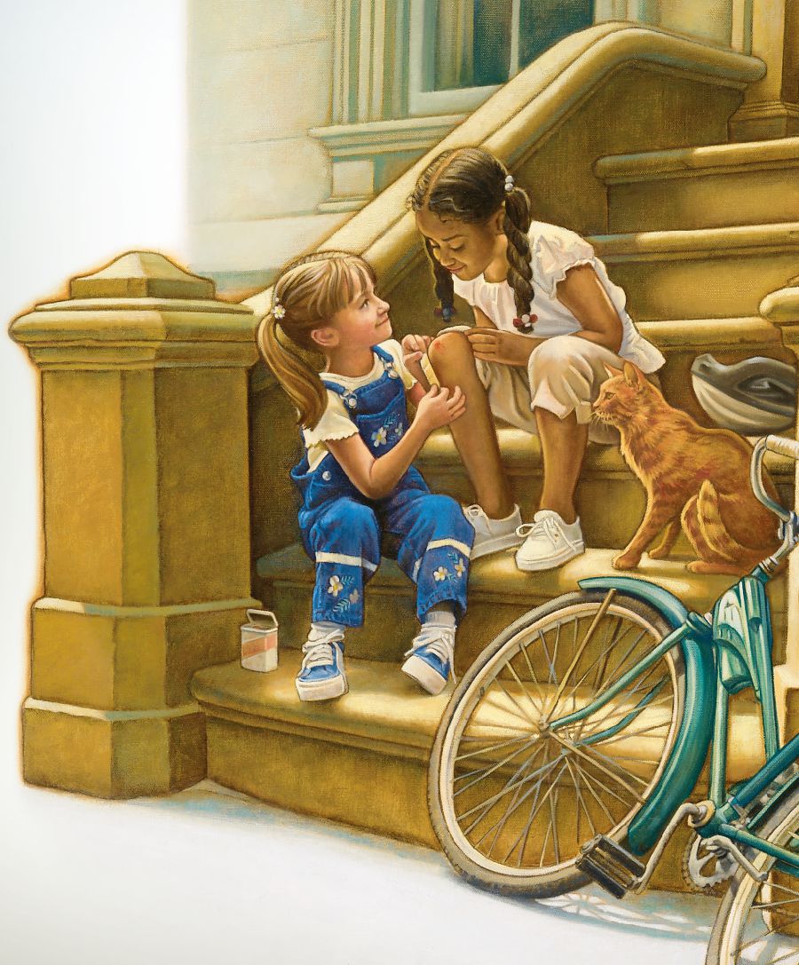 한 소녀가 피부색이 다른 소녀의 무릎에 반창고를 붙여 주는 모습