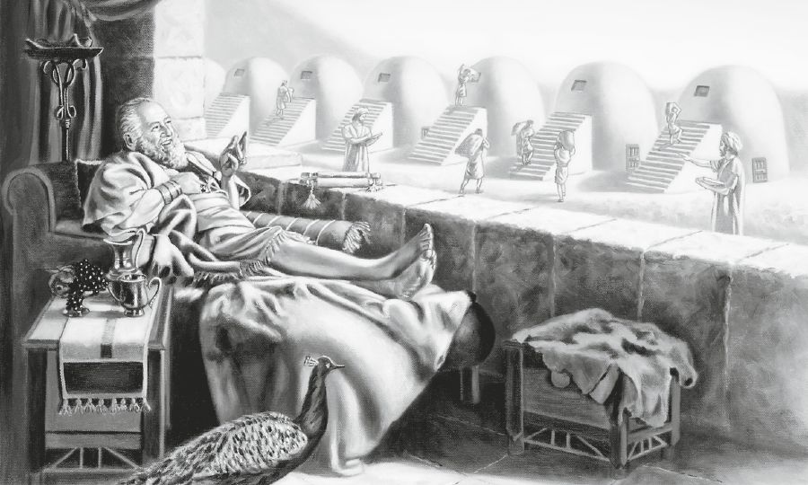 한 부자가 새로 지은 창고들을 바라보는 모습