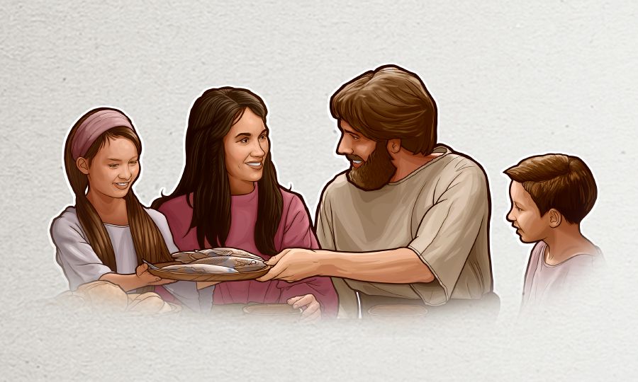 한 남자가 가족과 식사를 하는 모습