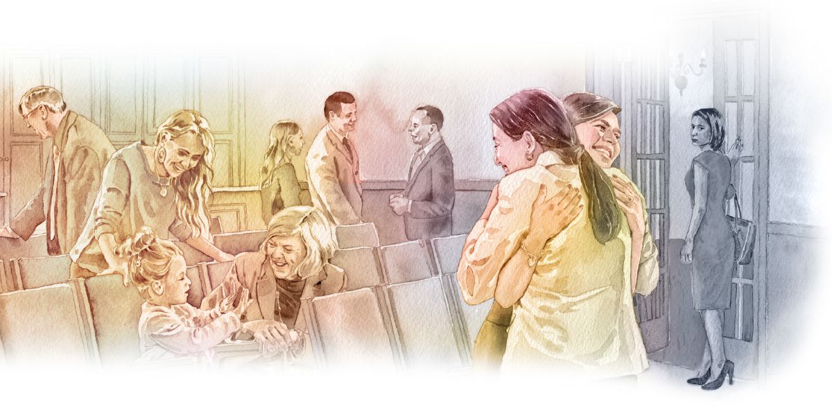 제명된 여자가 집회가 끝난 후 왕국회관을 떠나는 모습; 여자가 형제 자매들이 교제하는 것을 지켜보는 모습